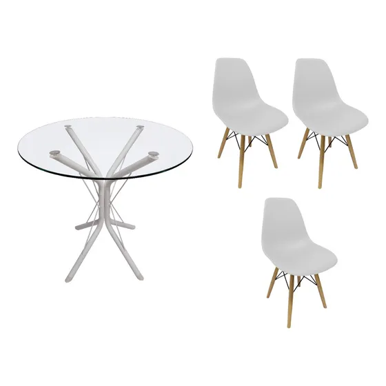 Mesa Vidro Redonda 90cm Base Ana + 3 Cadeira Eiffel Bgp