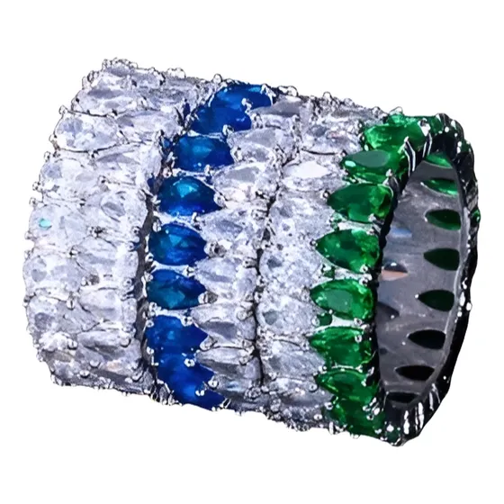 Aliança Aparador Verde Esmeralda Gotas Zirconia Luxo Prata