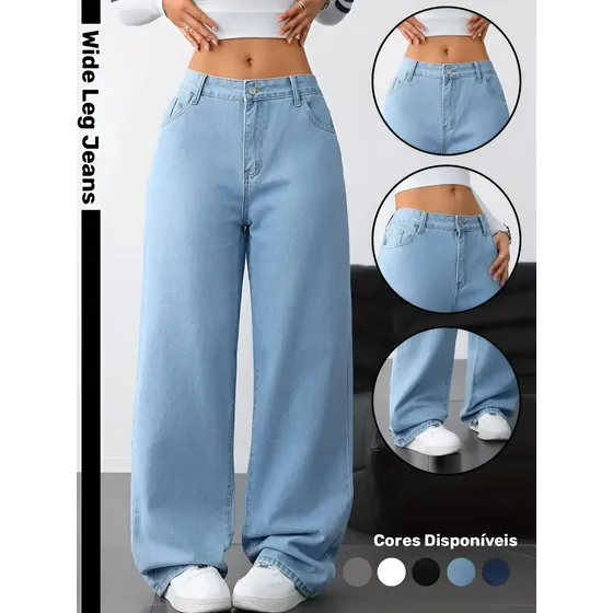 Calça Wide Leg Jeans Feminina Reta Perna Larga Empina Bumbum