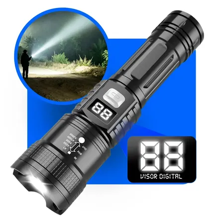 Lanterna Tática Recarregável Atualizada Led Visor Digital Zoom Telescopico ABS 3 Modos Iluminação Uniled