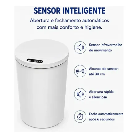 Lixeira Inteligente com Sensor 16L Cor Branco Durável e Moderna para Residencial e Comercial