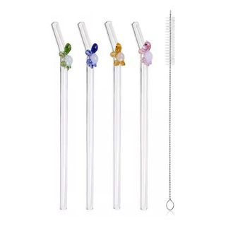4 Pajitas De Cristal Con Dijes De Tortuga, Reutilizables 4 Pajitas De Cristal Con Dijes De Tortuga, Reutilizables