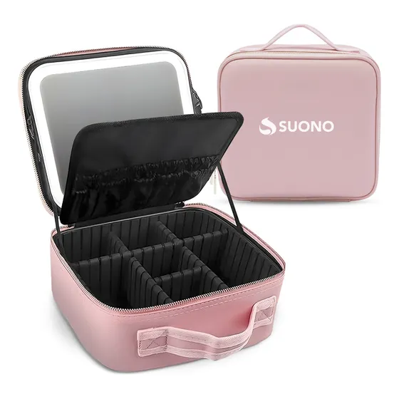 Maletín Organizador Suono Maquillaje Espejo Led Recargable Rosa