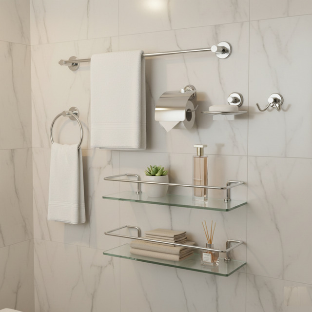 Kit 7 Peças Completo Acessórios Para Banheiro Metal E Vidro Cromado Kit 7 Peças Completo Acessórios Para Banheiro Metal E Vidro Cromado