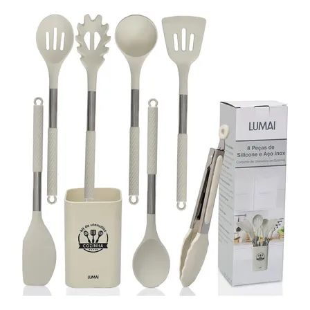 Kit 8 Utensilios De Cozinha De Silicone Cabo De Inox Grande Bege