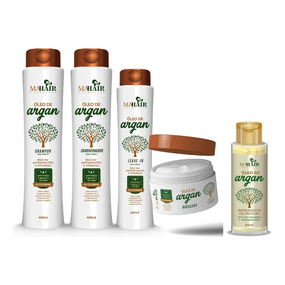 Kit Shampoo Cond Máscara Leav-in Reparador Óleo Argan Mahair