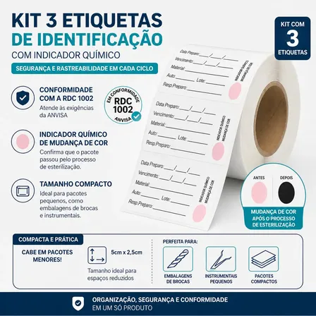 Kit 3 Etiquetas Autoclave P/ Identificação Vigilância Sanit