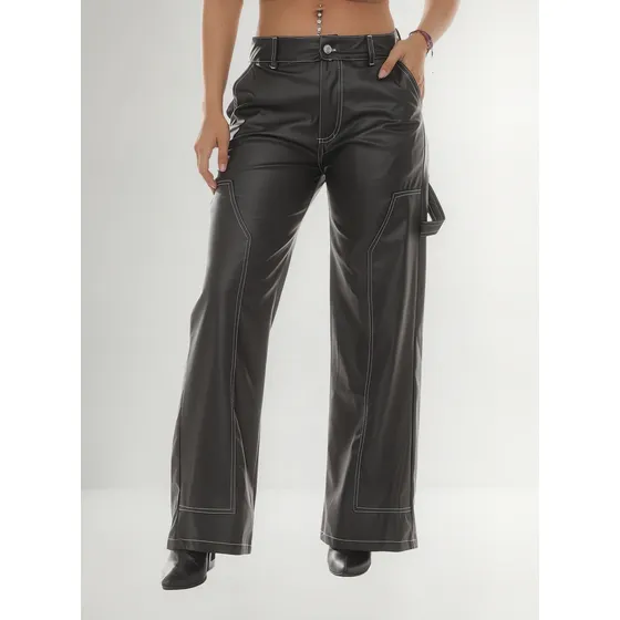 Pantalón Carpintero De Cuerina Costuras Blancas Mujer .