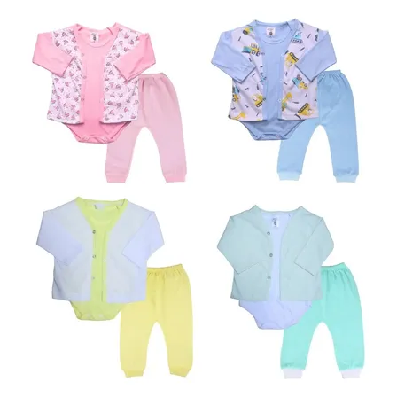 Kit 3 Pcs Pagaozinho Body Mijao Roupa Bebe Liso Estampado