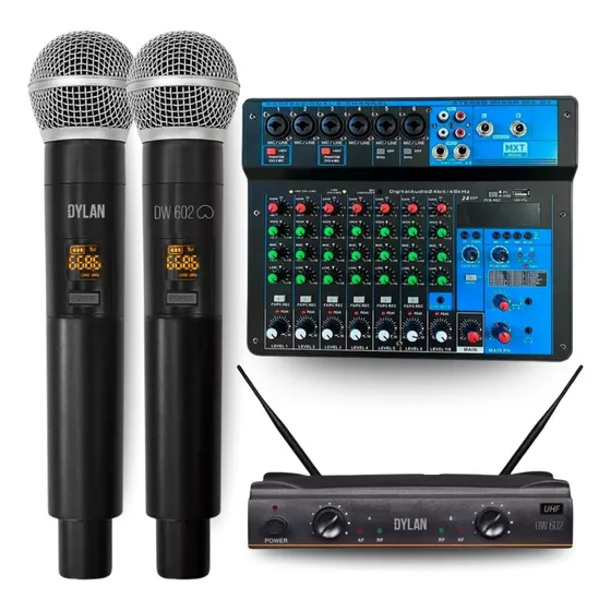 Kit Microfone Duplo Sem Fio Dylan 602 Max Mesa Som 8 Canais