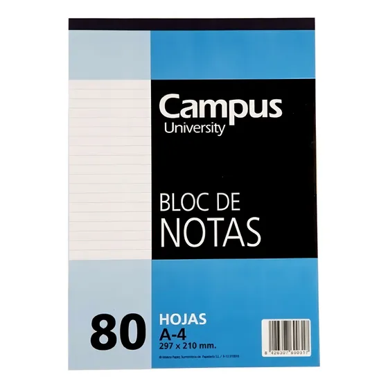 Block De Notas A4 Encolado 80 Hojas Rayadas - Campus Color Blanco
