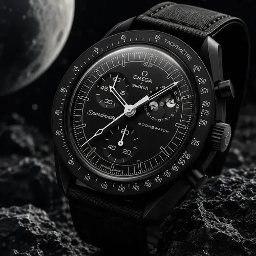 Relógio Swatch X Omega Moonswatch Moonphase Snoopy Preto