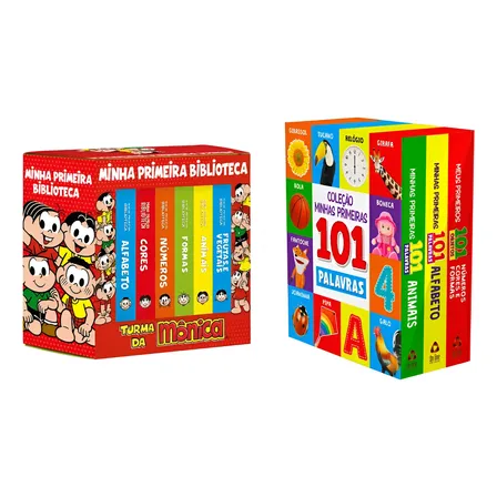 Kit 2 Boxes Infantis: Box Minhas Primeiras 101 Palavras + Box Turma Da Mônica - Minha Primeira Bíblioteca | Kit Aprendizado Infantil Com 9 Livros Educativos,