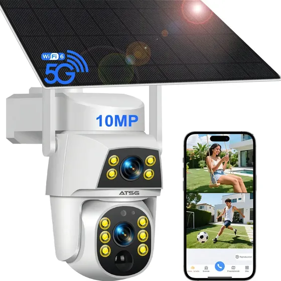 ATSG Cámara Solar Externa 2K Doble Lente 360° IP66 Visión Nocturna Wifi color blanco