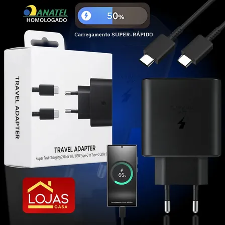 Carregador Fonte Turbo 45w Para Samsung Com Cabo Super Fast Cor Preto Lojas Casa