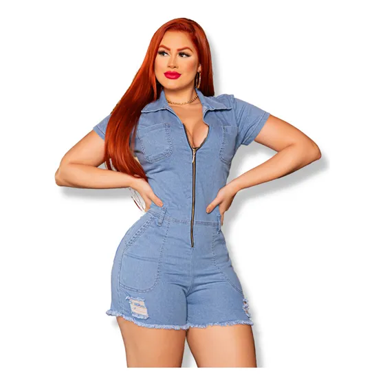 Macaquinho Curto Feminino De Manguinha Jeans Com Lycra