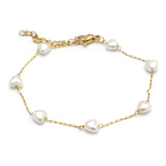 Pulsera 7 Perlas Corazon Acero Quirúrgico Bañada En Oro 18k Dorado 20 Cm