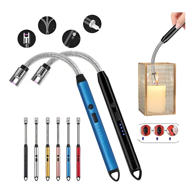Moreka® 2pcs Encendedor Electrónico Encendedor Electrico Usb Recargable Con Indicador De Batería Y Apagado Inteligente Encendedor Arco Eléctricos Cuello Flexible De 360° Para Velas Gas Cocina Camping