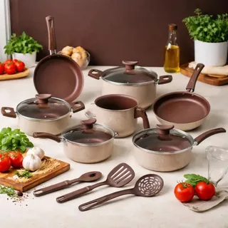 Jogo De Panelas Essenza Di Cheff 10 Peças Antiaderente Alumínio Teflon Bege