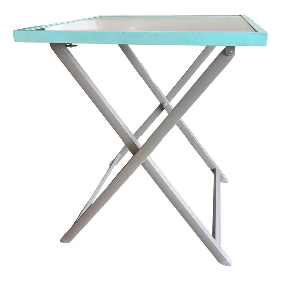 Mesa Plegable Vidrio Metal Ideal Terraza Celeste