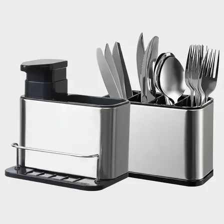 Kit De Escorredor De Talheres + Porta Detergentes Aço Inox Prateado