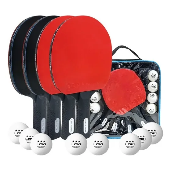 Set 4 Paletas De Ping Pong Loki Nivel Inicial + 8 Pelotas Color Negro/Rojo Tipo de mango ST (Recto)