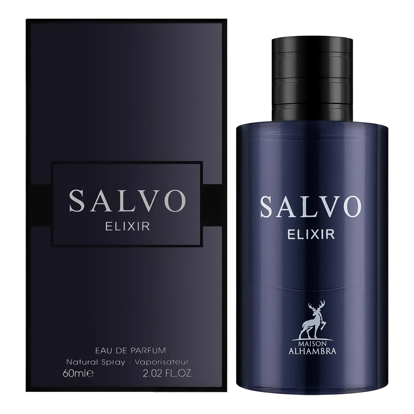 Frasco de perfume Maison Alhambra Salvo Elixir de 60ml ao lado de sua caixa retangular azul marinho com detalhes em prata