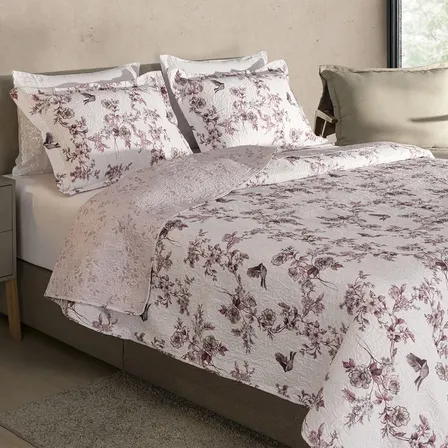 Kit Cobre Leito Colcha Casal 3 Peças Boutis Dupla Face Porta Travesseiro Aba Americana Sofia Rosé