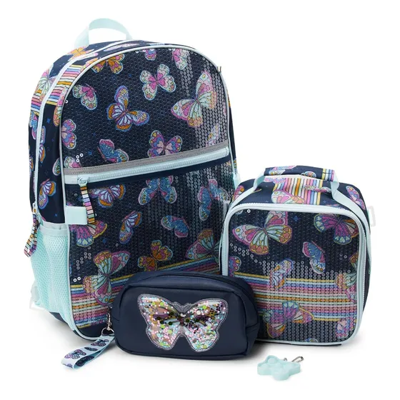 Bolso Escolar Con Lonchera, Cartuchera Y Popit De Mariposa  