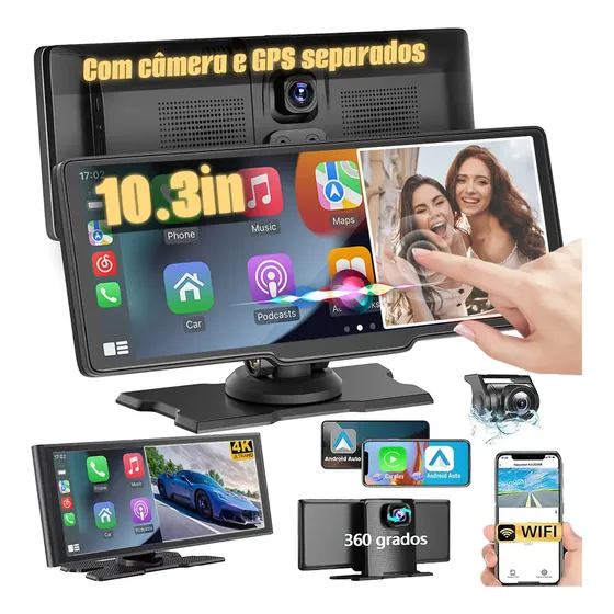 Central Multimídia 10,26" Portáti Carro com CarPlay e Android Auto Sem Fio e Dashcam Cam Ré