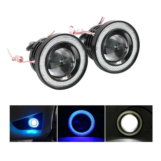 X2 Foco Neblinero Led Ojos De Ángel Blanco Y Aro Azul 76mm 
