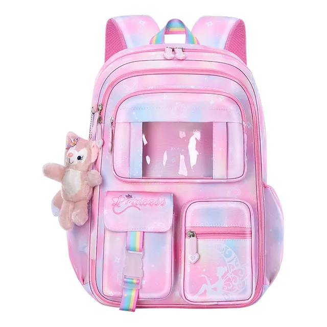 Mochila Escolar Con Llavero Niñas Peluche Varios Bolsillos