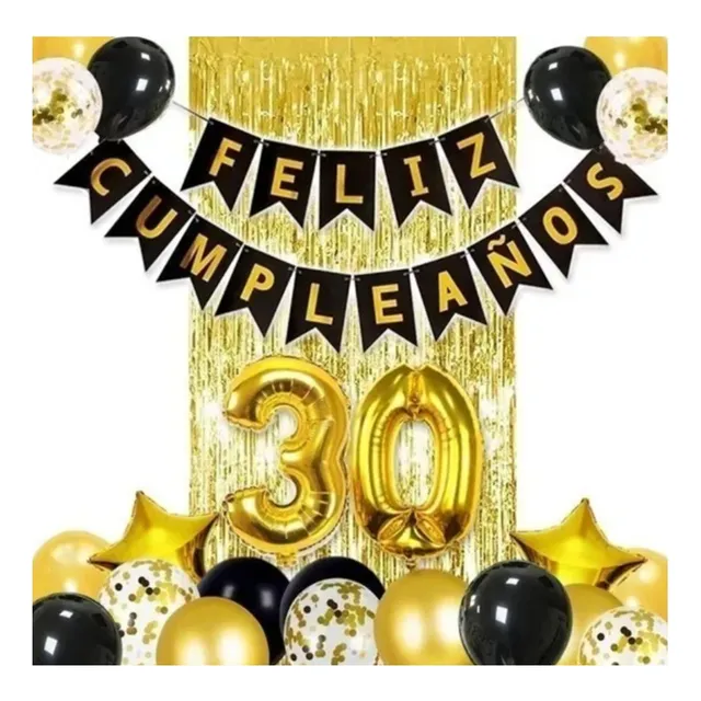 Kit Decoración Feliz Cumple Dorado, Globos, Numeros Cortina