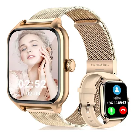 Relógio inteligente Mertto com tela HD de 1,83 polegadas, IP67 à prova d'água, esportivo, dourado, com Bluetooth, chamadas, calculadora, jogo e assistente de voz.