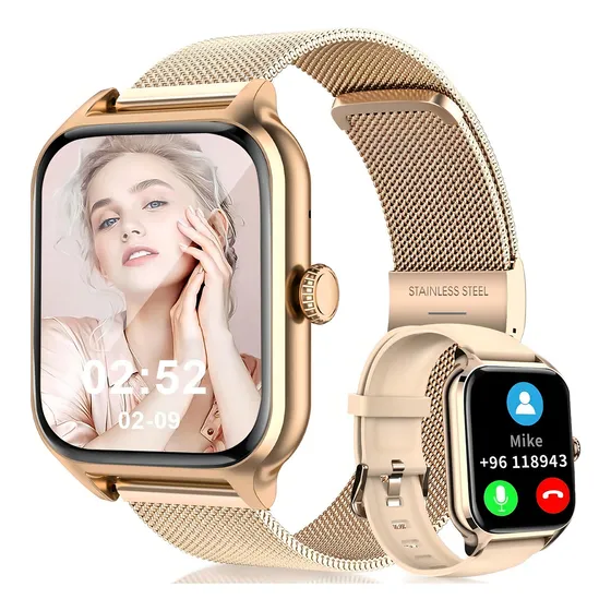 Relógio inteligente Mertto com tela HD de 1,83 polegadas, IP67 à prova d'água, esportivo, dourado, com Bluetooth, chamadas, calculadora, jogo e assistente de voz.