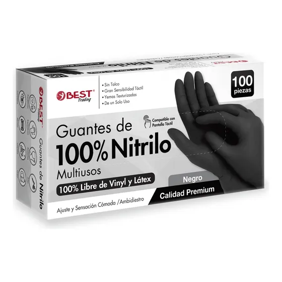 100 Guantes Nitrilo Premium Negro Libre De Látex Sin Polvo