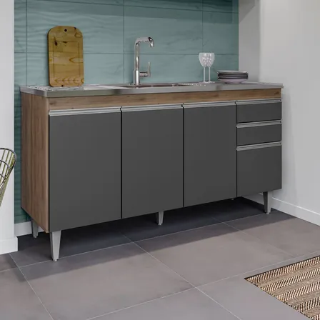 Balcao Pia 150cm Cozinha 4 Portas 2 Gavetas Mdp Freijó Cinza