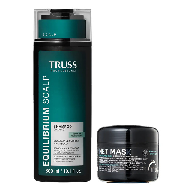 Kit Truss contendo um frasco de Shampoo Equilibrium Scalp de 300ml e um pote de Net Mask de 30g em fundo branco