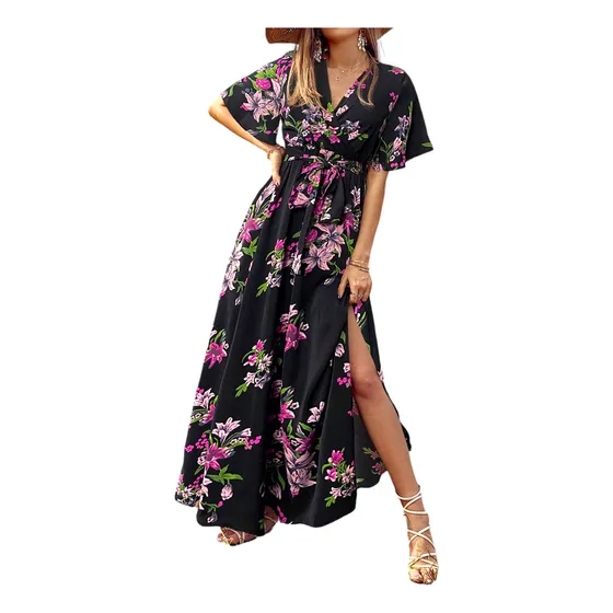 Vestido Largo Estampado Floral Negro