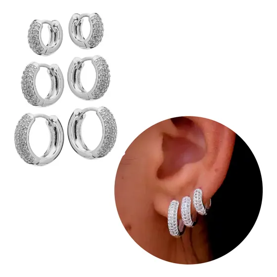 Kit Trio De Argolas Cravejadas 3 Tamanhos Banhado Prata 925