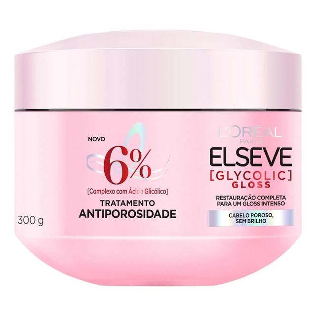 Pote de máscara de tratamento Elseve Glycolic Gloss 300g na cor rosa com tampa clara