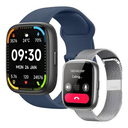 Relógio Smartwatch Com Alexa Integrada Ip68 À Prova D'água Natação Fitness - Luxo Caixa Azul-aço + Pulseira Milanês Elegante - Monitor De Saúde E Esportes Profissional Azul-marinho