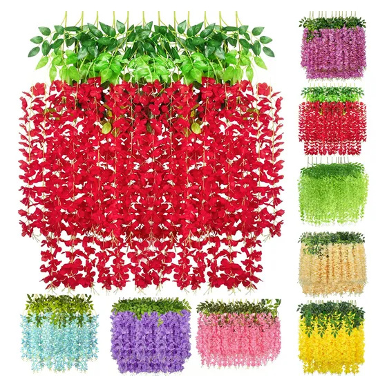 30pzs Flores Artificial Wisteria 1.1m Decoración Fiesta Boda Color Rojo