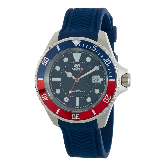 Reloj Pulsera Análogo Marea Watch Sumergible Correa Azul Marino Bisel Plateado Fondo Azul Marino