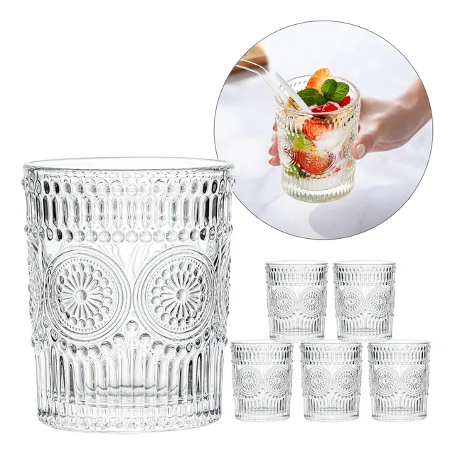 Vaso X6 Vidrio Labrado Vajilla 320 Ml Arabesco Vintage