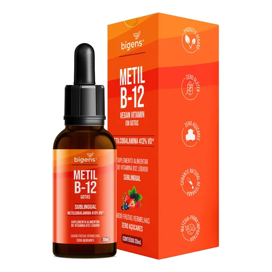 Metil B-12 Vegan Vitamin Gotas Liquida Metilcobalamina 413% Vd Sabor Frutas Vermelhas 20ml Bigens