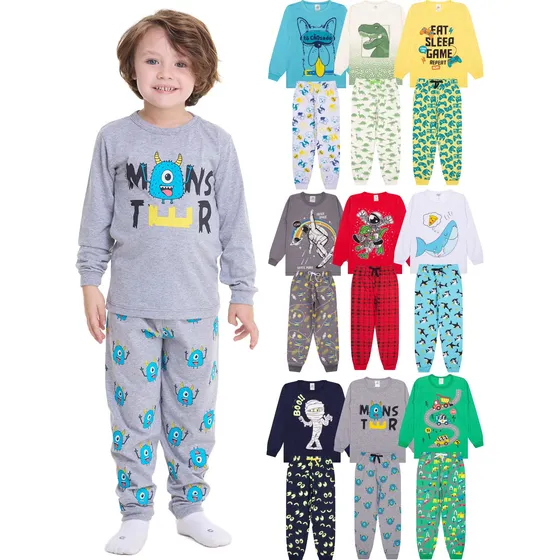 Kit Sortido 3 Pijama Comprido Infantil Menino Tam 1 Ao 10