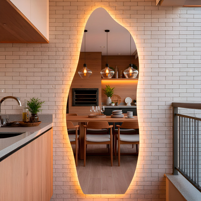 Espelho Orgânico Com Led 150x50 Cm Para Sala Quarto Banheiro Moldura Flame Led Quente Espelho Orgânico Com Led 150x50 Cm Para Sala Quarto Banheiro Moldura Flame Led Quente