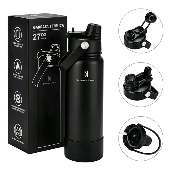 Garrafa Térmica 800ml Inox Bico Duplo Canudo Alça Esporte