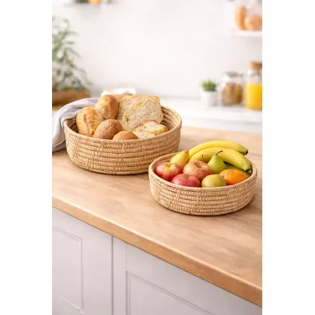 Kit Cestos Decorativo Mesa Posta Café Da Manhã Pão Ovo Fruta Palha Natural Fruteira Boho Organiza E Decora 2 Cestos Premium
